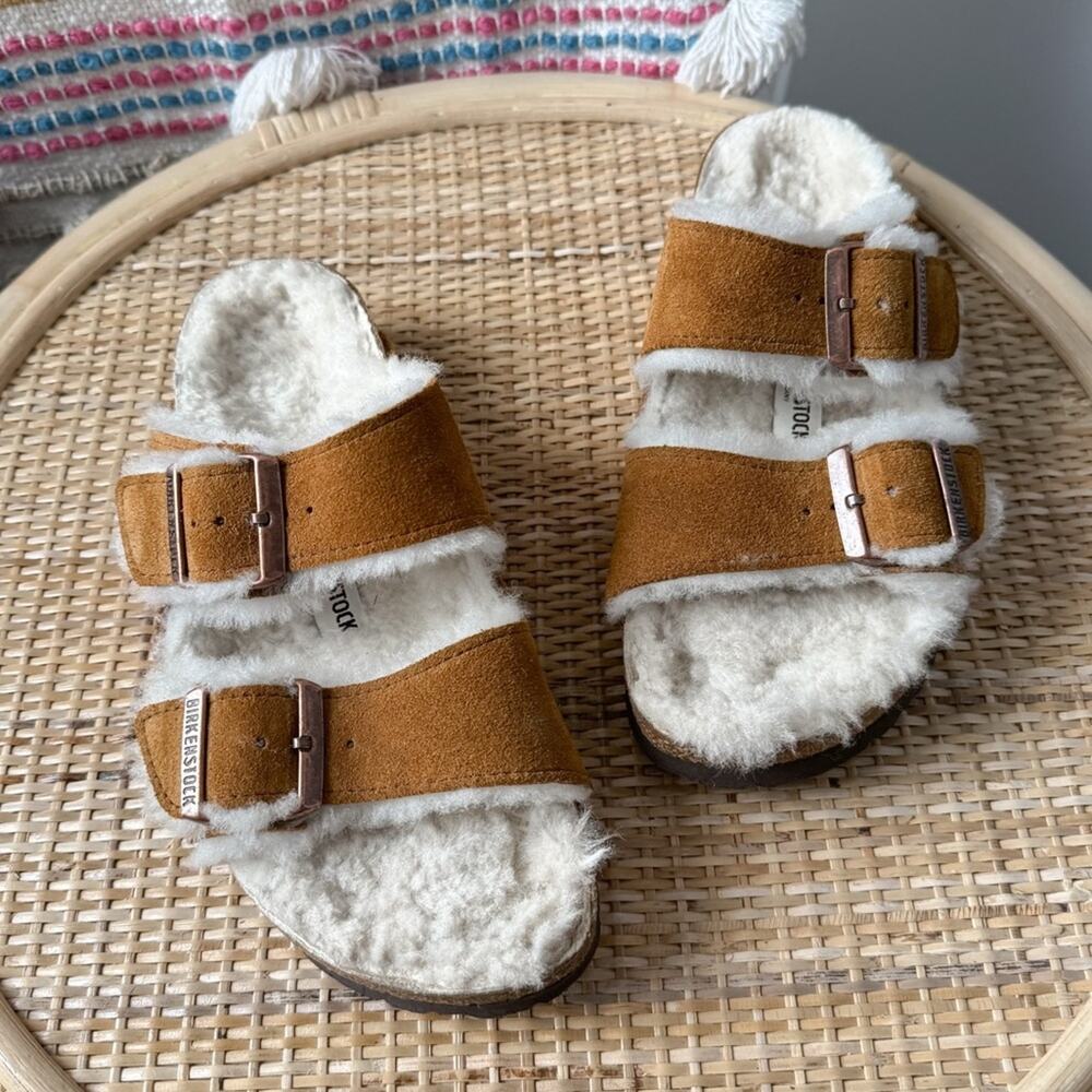 Birkenstock Arizona Shearling Lined Mink Suede Brown Sandals Women’s Size 6